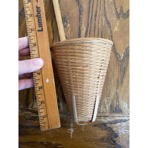 Vintage Handmade Woven Bamboo Basket With Long Handle - Picture 2 of 5